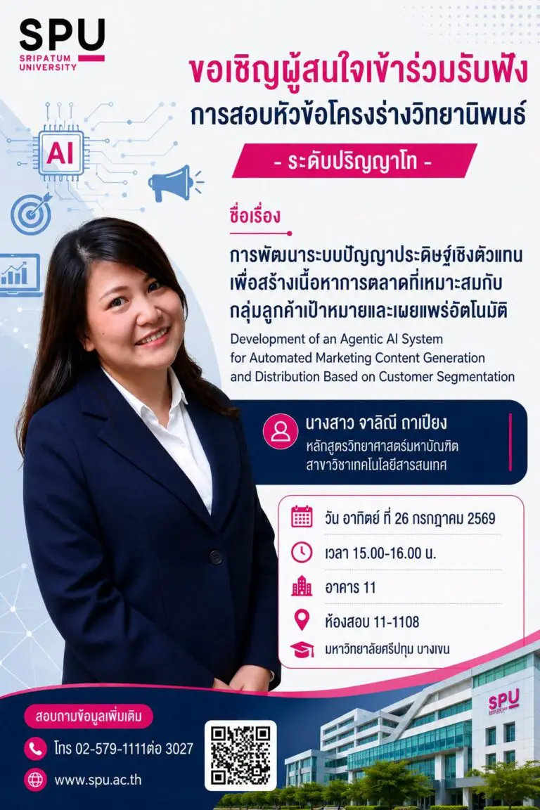 สอบวิทยานิพนธ์ระดับมหาบัณฑิต สาขาเทคโนโลยีสารสนเทศ ถ่ายทอดงานวิจัยปัญญาประดิษฐ์เชิงตัวแทนเพื่อการเติบโตทางเศรษฐกิจอย่างยั่งยืนและการเรียนรู้ตลอดชีวิต