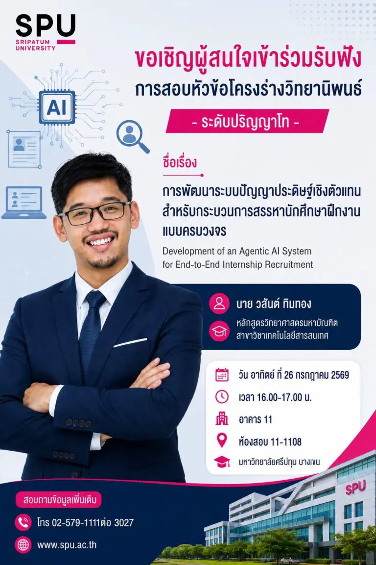 สอบวิทยานิพนธ์ระดับมหาบัณฑิต สาขาเทคโนโลยีสารสนเทศ ถ่ายทอดงานวิจัยปัญญาประดิษฐ์เชิงตัวแทนเพื่อการเติบโตทางเศรษฐกิจอย่างยั่งยืนและการเรียนรู้ตลอดชีวิต