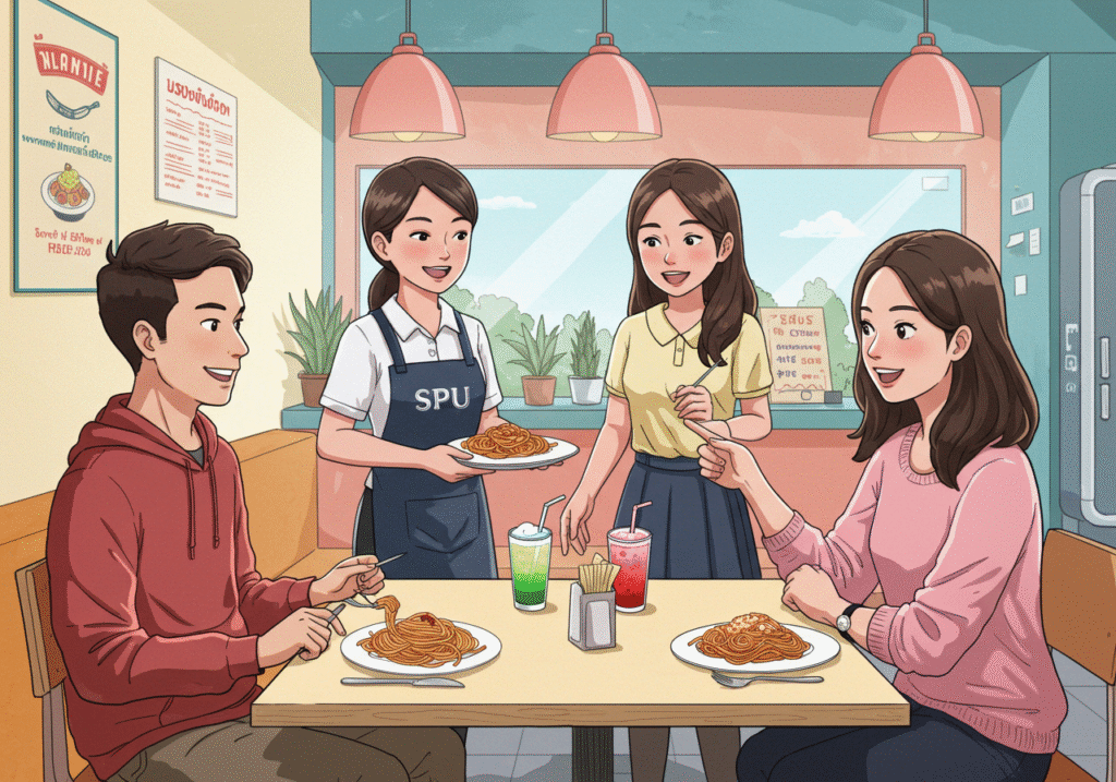 บทสนทนาเฉพาะทาง: วิธีสั่งอาหารและซื้อของในร้านค้า สำหรับนักศึกษาคณะศิลปศาสตร์ SPU